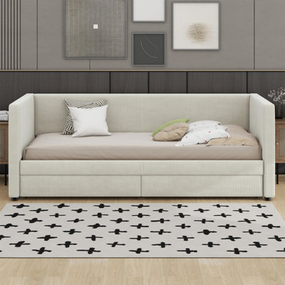 Corduroy Daybed With Drawers And Wood Slat