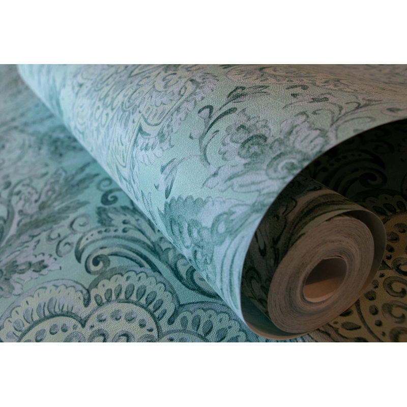 Tropical Collection Tahiti Inspired Damask 27.8' L x 27.5" W Wallpaper Roll, Blue Banana