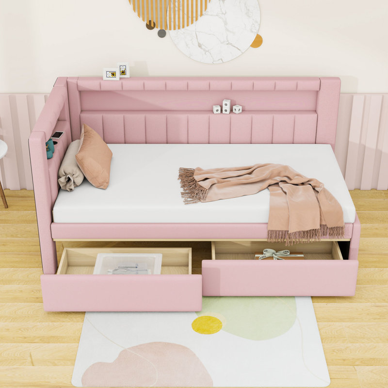2 Drawers Upholstered Twin Platform Bed with LED Lighting and USB Ports, Pink