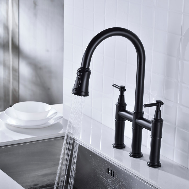 Robinet de cuisine Bridge avec douchette extractible encastrée, Noir mat