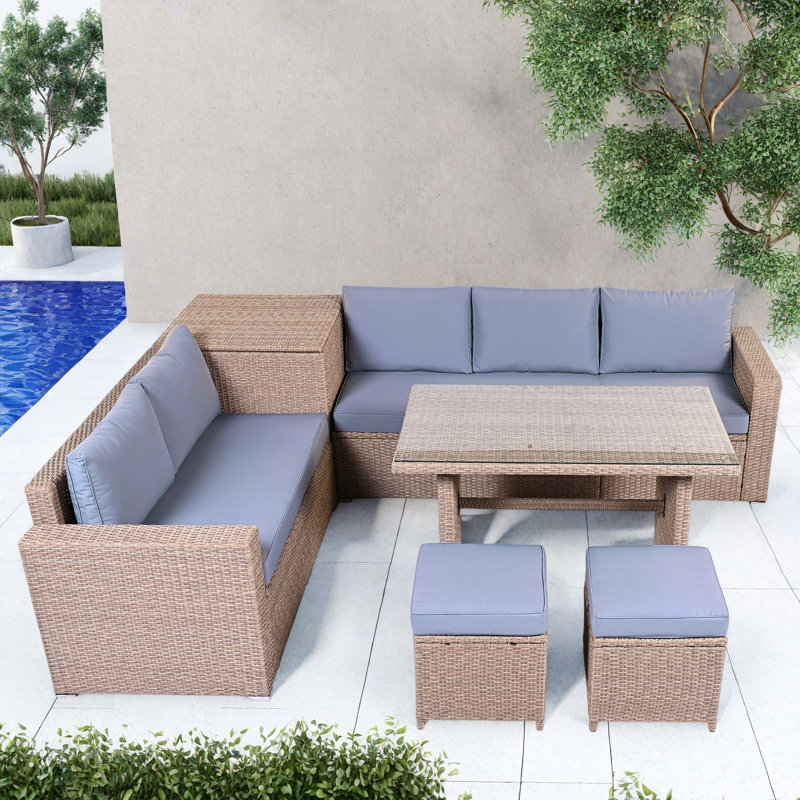 6-piece All Weather Pe Rattan Sofa Set With Adjustable Seat, Storage Box, Removable Covers And Tempered Glass Top Table