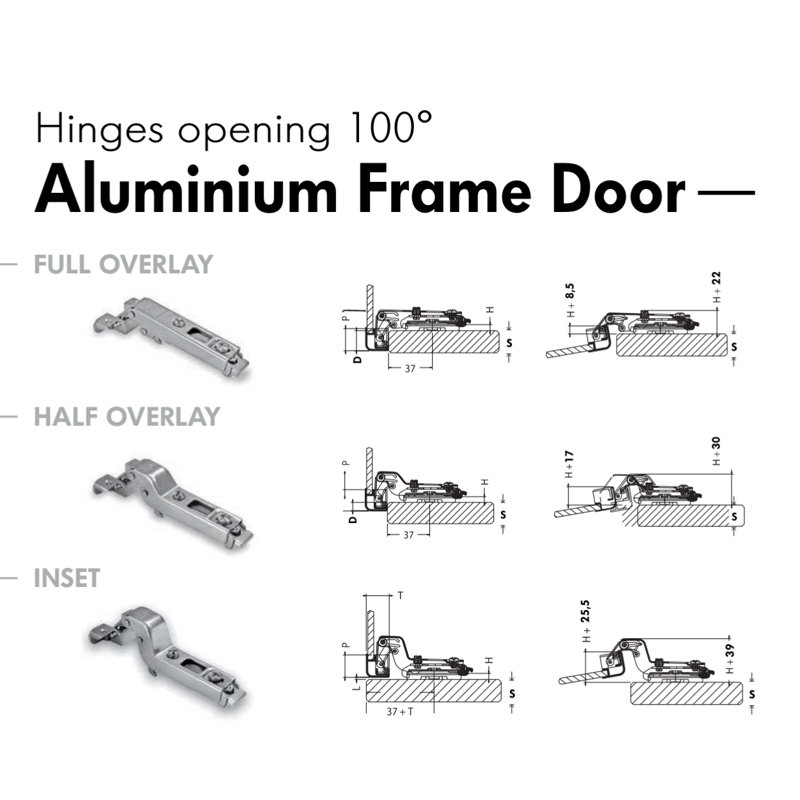 Ensemble de 6 charnières de porte d'armoire en aluminium + plaques croisées charnière à fermeture douce sans cadre 3D sur fond noir mat