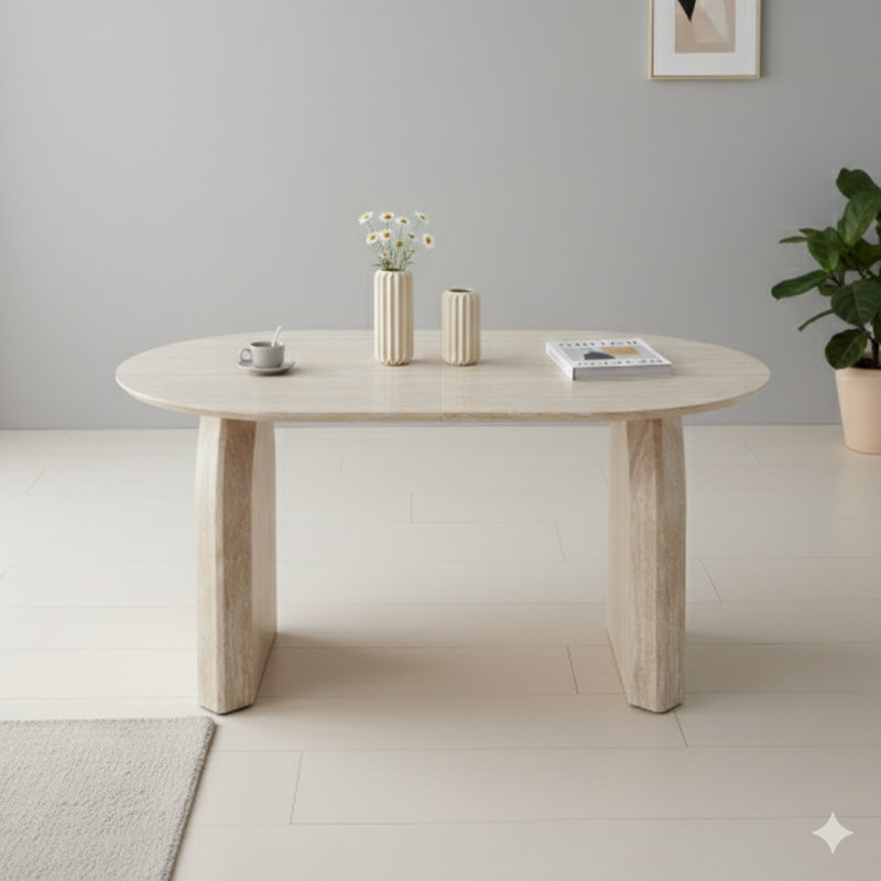 Table de salle à manger extensible en bois, table de cuisine ovale contemporaine avec une base à deux piliers chic, idéale pour les repas à la maison et les rassemblements, multifonctionnelle et peu encombrante pour le salon et la salle à manger