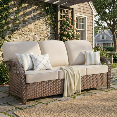 Canapé d'extérieur à 3 places pour patio, mobilier d'extérieur pour conversation, canapé en rotin toutes saisons avec coussin