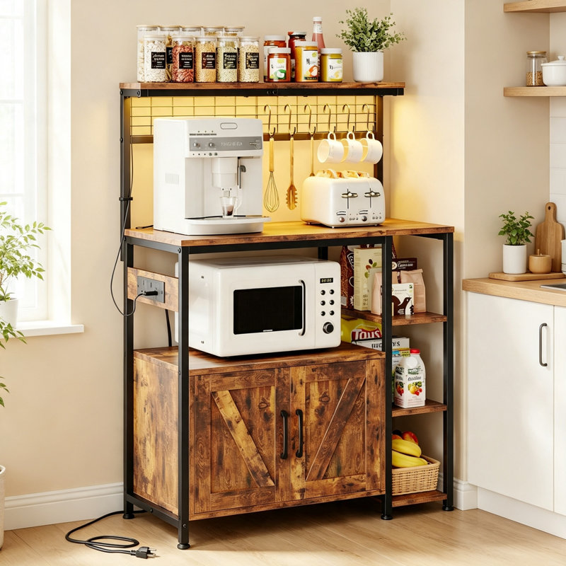 6-Tier Bakers Rack with Power Outlet & 6 S-Hooks, Freestanding Microwave & Coffee Bar Storage Stand, Rustic Brown Unit for Kitchen and Dining Room, 51.2 × 35.4 × 15.6 Inches