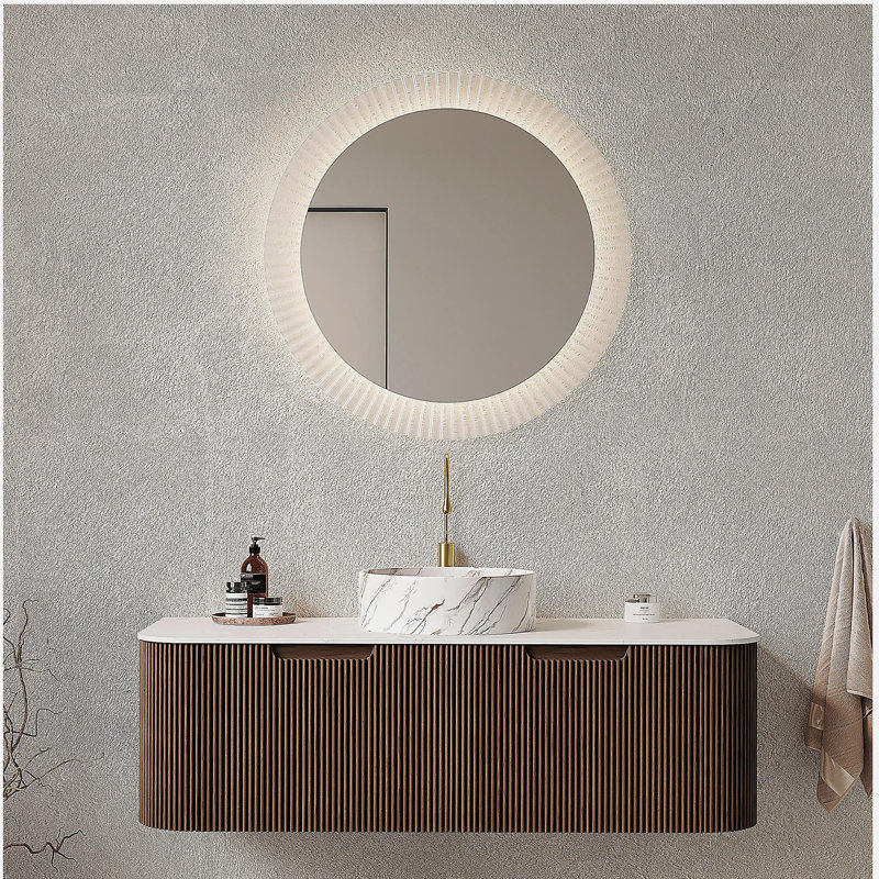 Meuble-lavabo de salle de bain mural à bords arrondis avec 2 tiroirs, lavabo à fixation murale à bords arrondis à 2 tiroirs Dina, lavabo rond en céramique blanc avec motif de pierre, pré-assemblé, couleur grain de bois noyer foncé