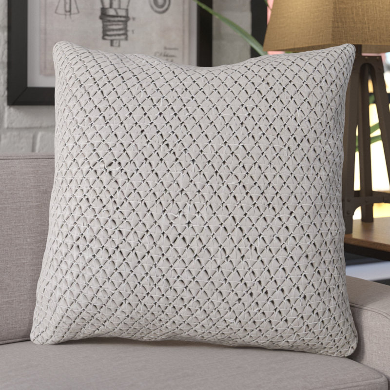 Embroidered Leather/Suede Throw Pillow, Gray