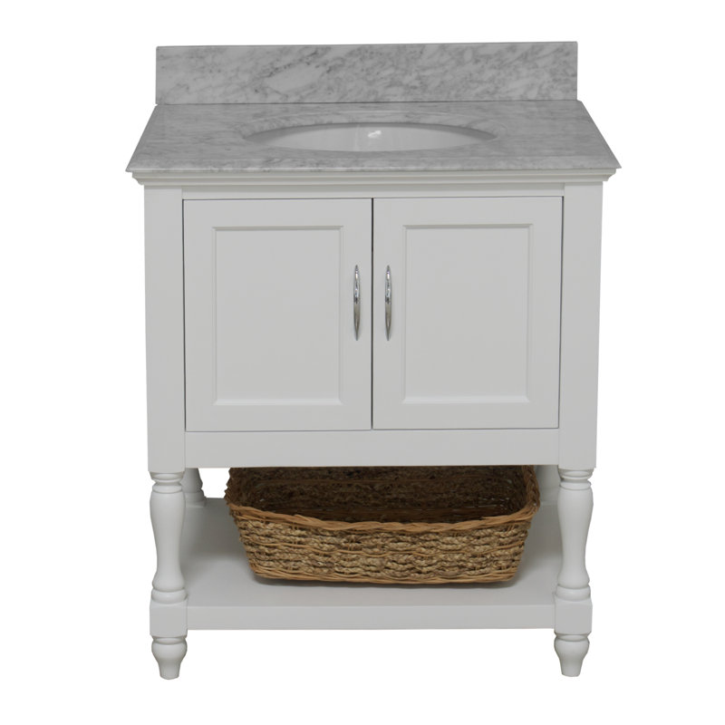 Hampton 30'' Single Bathroom Vanity with Top, White, Carrara Marble