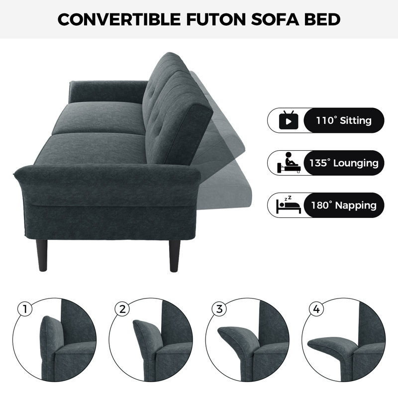 89" Velvet Fabric Convertible Sofa Couch with 2 Square Pillows,Adjustable Backrest& Armrests, Dark Gray