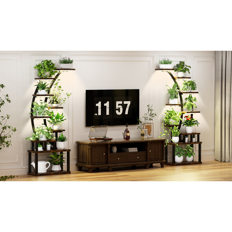 Grand support à plante à 9 niveaux avec 5 lumières de culture - modes d'éclairage réglables et réglages de minuterie pour une croissance parfaite des plantes d'intérieur, brun rustique