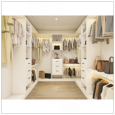Système d'organisation 96 po, rangement pour garde-robe 8 pi avec 3 tablettes réglables, 3 tringles extensibles et 3 tiroirs, porte-vêtements intégré, L 96 po x l 16 po x H 82 po