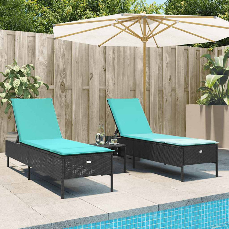 Patio Sun Lounger Black PE Rattan, Powder-Coated Steel Long