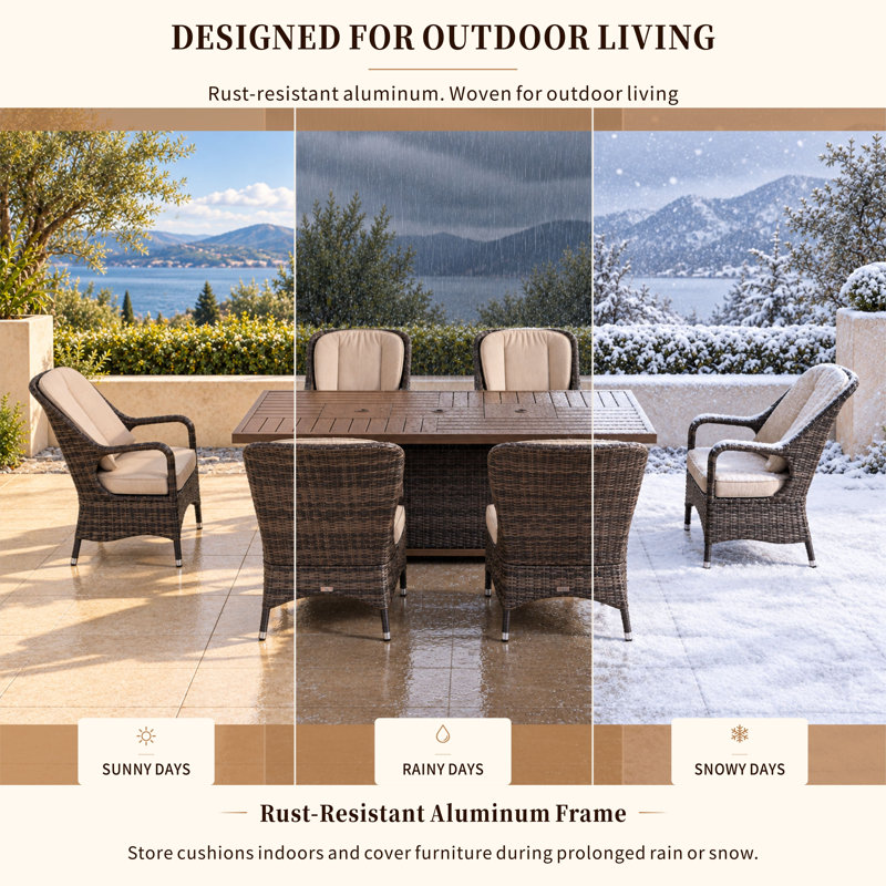 Ensemble repas pour 6 personnes en osier de patio avec foyer rectangulaire, coussins inclus