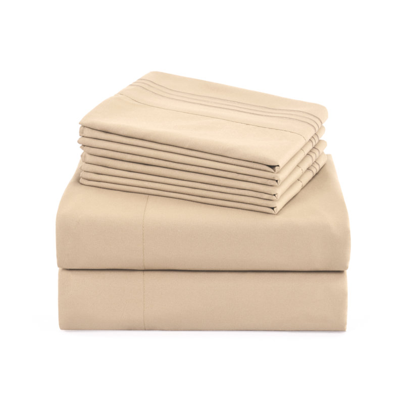 4/6 Pcs Soft Solid & Embroidery Bed Sheets Set, Beige, Full