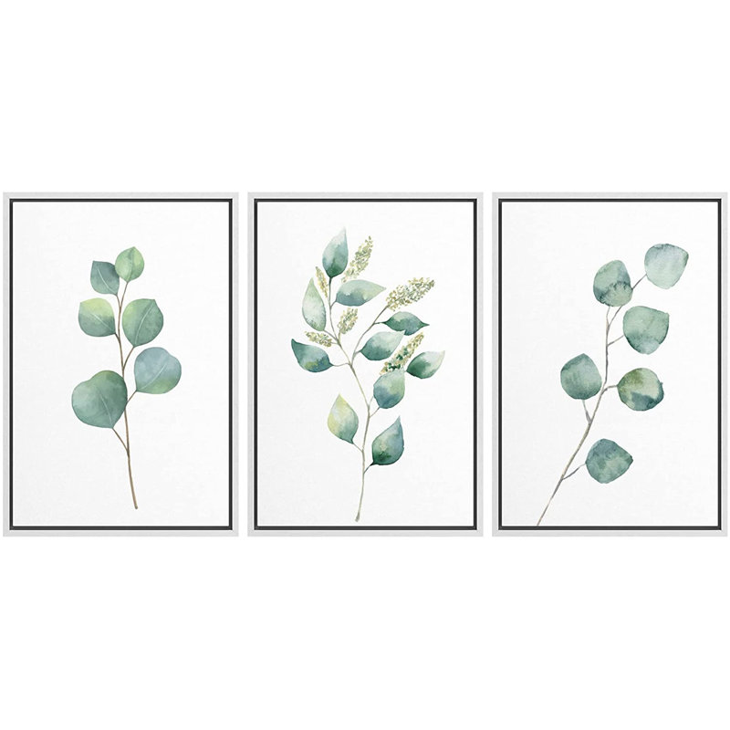 Minimal Botanical " IDEA4WALL Canvas Print Wall Art Set Green Watercolor Forest Leaf Collage Nature Floral Illustrations Realism Rustic Scenic Colorful Wilderness for Living Room, Bedroom, Office " 3 Piece Art Print