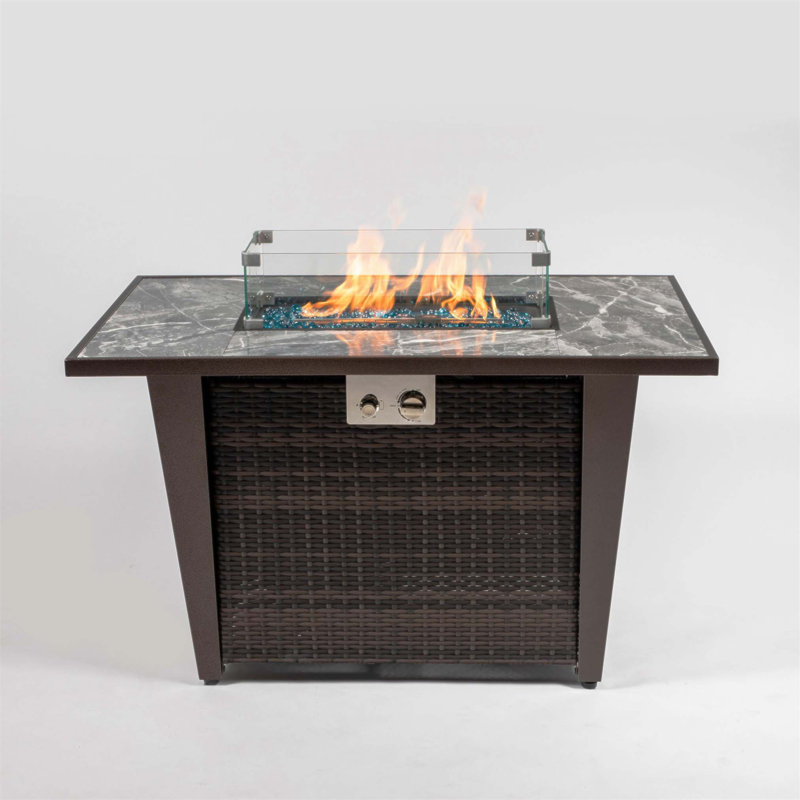 42Inch Rattan Fire Pit Table With Ceramic Tile Top, Glass Wind Guard, And Rain Cover For Outdoor Gatherings