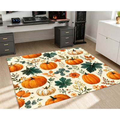 Tapis à motif floral citrouille, feuilles d'automne éclatantes, tapis antidérapant lavable à la machine, décoration intérieure festive pour le salon, la chambre à coucher, le vestibule, la cuisine, l’appartement