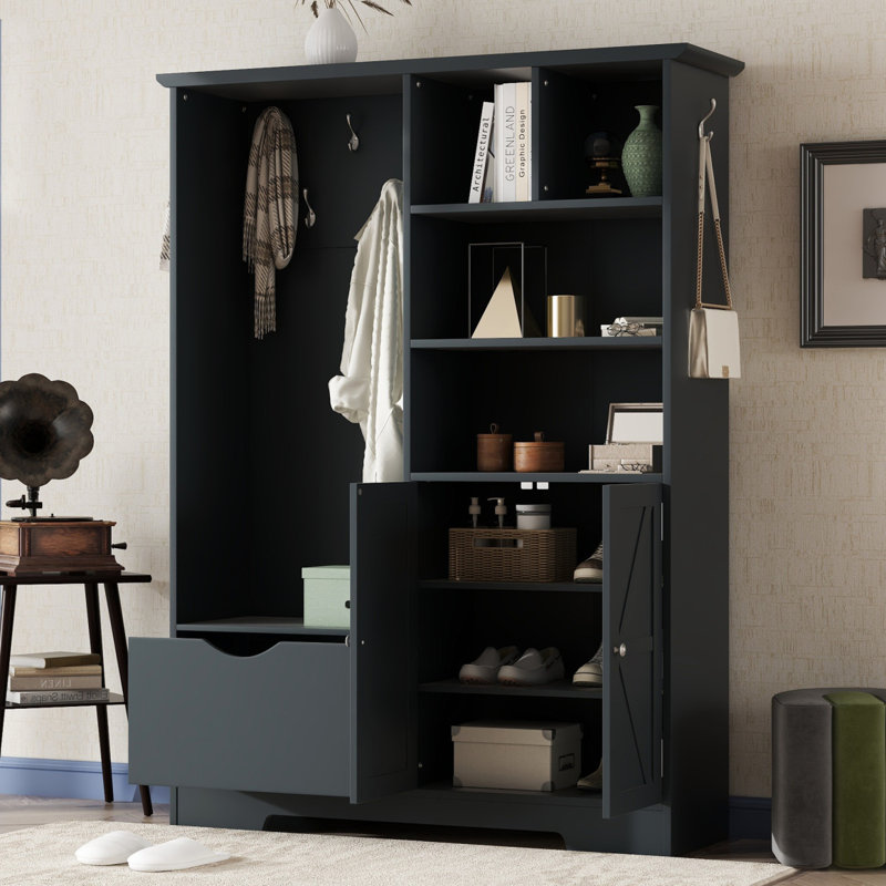 Portemanteau multifonctionnel avec tablettes et tiroirs de rangement, armoire à chaussures élégante avec banc, portemanteau moderne avec crochets pour les entrées de couloir,