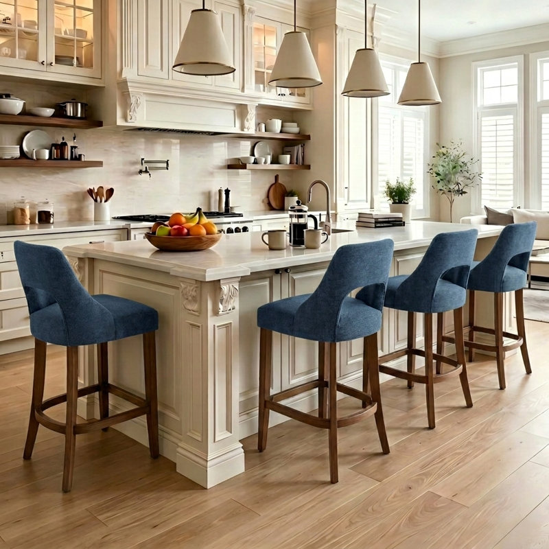 Ensemble de 2 tabourets de bar rembourrés de style moderne du milieu du siècle, hauteur du siège de 66 cm, dossier incurvé et pieds en bois massif (bleu marine)