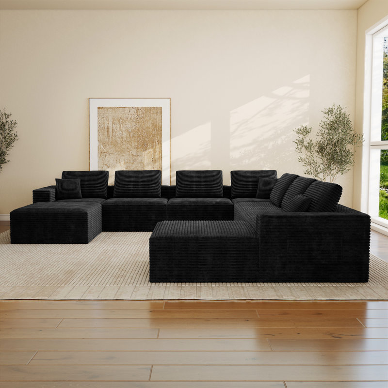 Canapé modulaire en forme de U avec méridienne à compression 141,7 po avec méridienne en velours côtelé noir Abdou