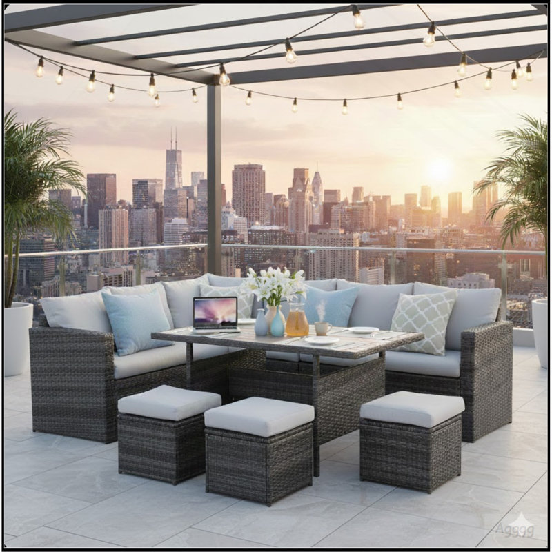 7 Piece  Wicker Outdoor Dining Set,  9-Seat  Outdoor Sectional Gray Cushions Sofa with Ottomans & Dining Table for Porch Backyard Garden