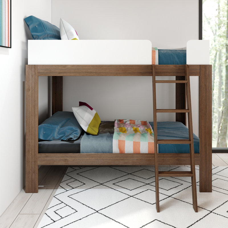 Ambur Twin over Twin Solid Wood Standard Bunk Bed, White/Walnut, Walnut/White