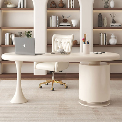 White Curved Solid + Manufactured Wood with 2 drawers desk