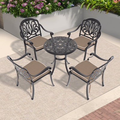 Ensemble de 5 meubles de patio en aluminium coulé, avec cadre noir et coussins de siège bruns