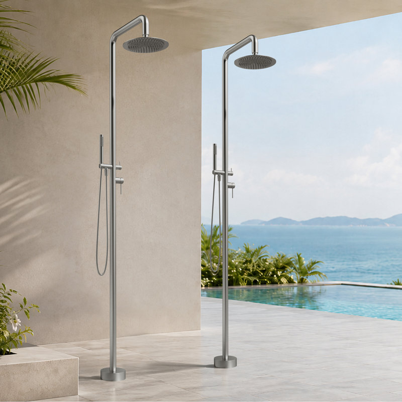 Douche d'extérieur autoportante 87,4 po H, acier inoxydable 316, nickel brossé et noir mat, double fonction chaude et froide avec tête de pluie et douchette