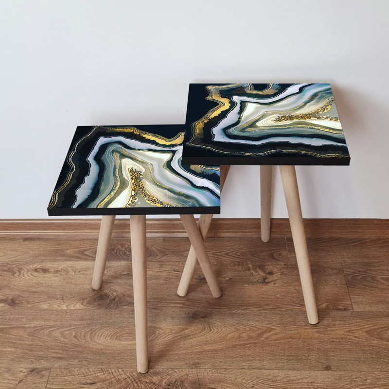 Elegant Marble Nesting Table Set (2 Pieces), Abstract Design, 13.8 x 18.5 x 13.8 inches & 13.8 x 16.5 x 13.8 inches | 100% MDF with Beech Wood Legs, Sturdy & Stylish for Living Room, Modern Home Décor