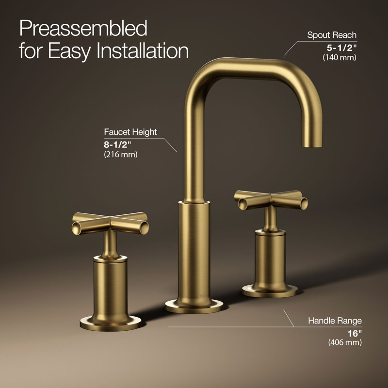 Kohler Purist® Widespread Bathroom Faucet with Pop-Up Drain Assembly, 3-Hole High Arc Cross Handle Bathroom Sink Faucet, 1.2 gpm