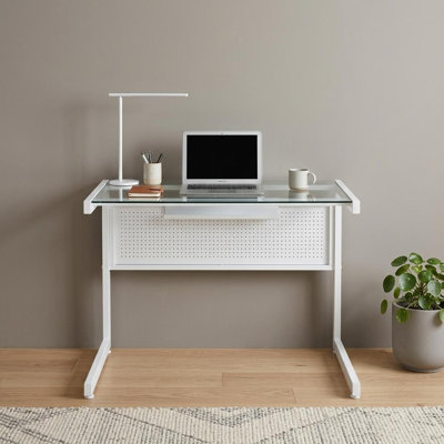 Bureau 33 po en acier inoxydable et verre transparent et blanc