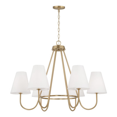 36"W x 26.25"H 6-Light Chandelier in Matte Brass with White Fabric Shades and Glass Diffusers