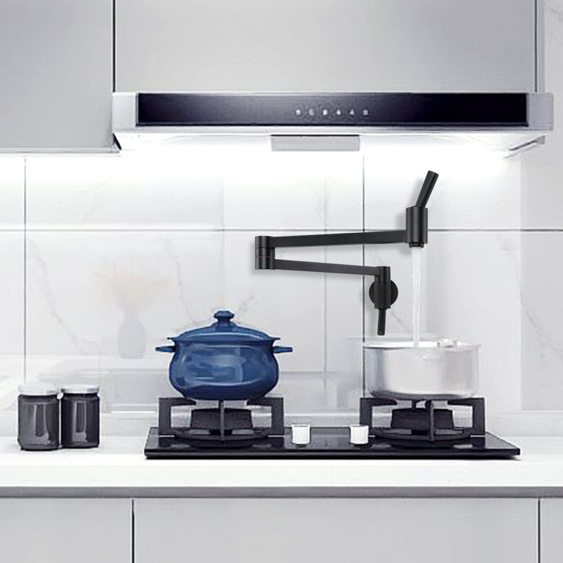 Wall Mount Pot Filler with Folding Stretchable Double Joint Swing Arm, Black