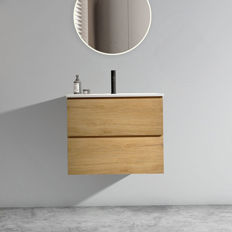Meuble-lavabo mural 24 po avec lavabo en céramique, Chêne, Blanc, 24"