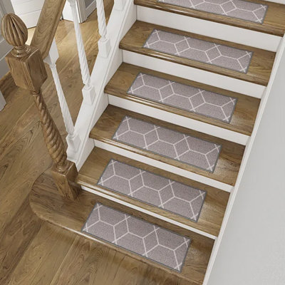 Slip-Resistant, Non-Adhesive, Durable, Stain-Resistant, Washable 8.5x26 in. Stair Treads to Enhance Safety, Protect Stairs, and Reduce Noise.  Contemporary Geometric Design