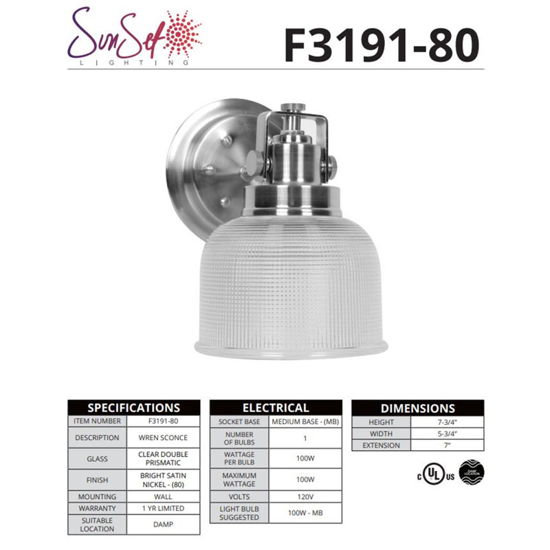 Applique murale pour meuble-lavabo 1 lumière 100W MB Wren Sunset Lighting F3191-80