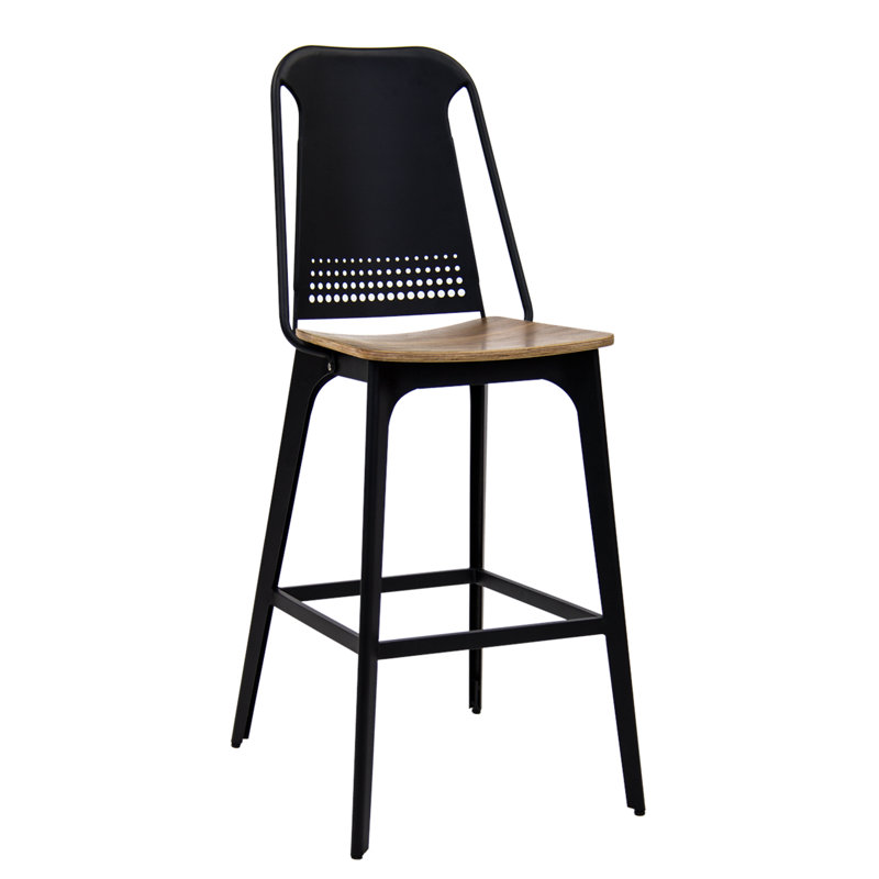 Tabouret de bar intérieur en métal noir avec siège en placage