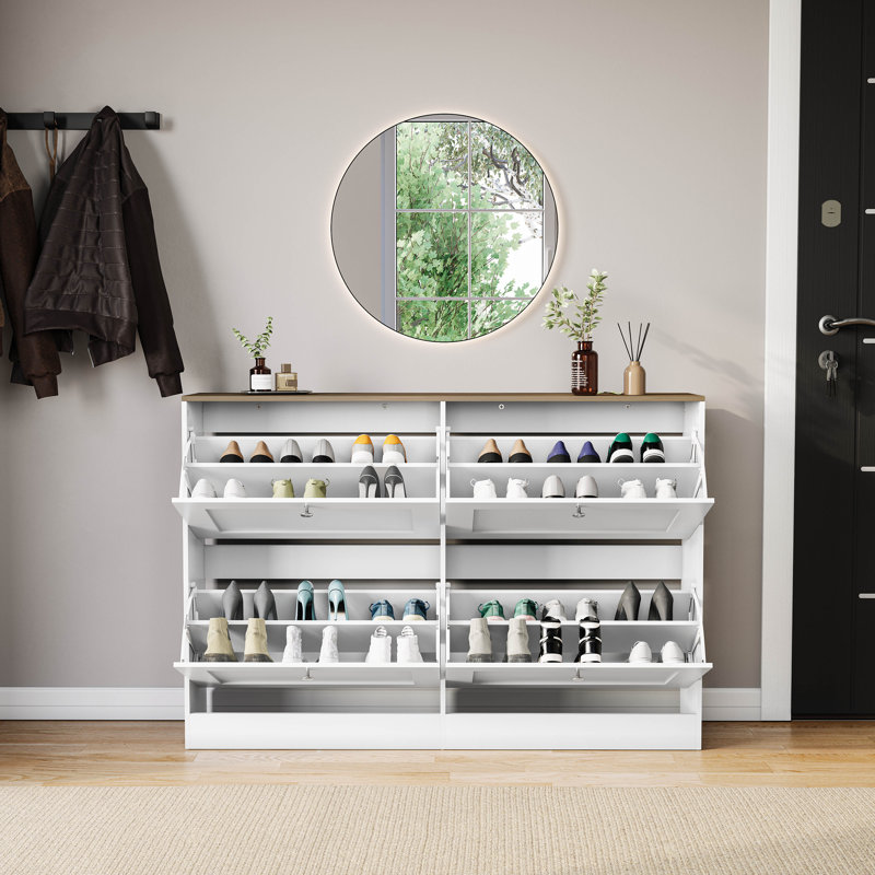 4 Drawer Shoe Cabinet with Top Modern Shoe Storage For Hallway Living Room & Bedroom, 80 cm H x 105 cm W x 23 cm D, White/Oak