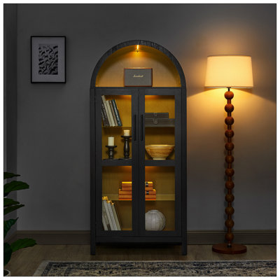 A High Arched Storage Cabinet With A Lamp, A Modern Retro-Style Wooden Storage Cabinet With Adjustable Glass Partitions, Suitable For Use As A Multi-Functional Cabinet In Kitchens-Black