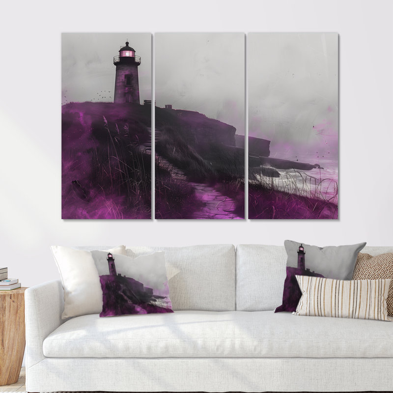 Mauve et gris phare brumeux Rock I - ensemble d'art mural phares, H 40 po x l 60 po x P 1 po