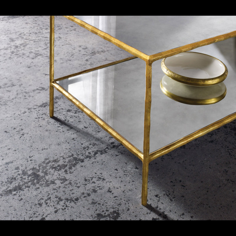 Organic Glass Cocktail Table, Gold, Antique Mirror, 19" H x 50" L x 24" W