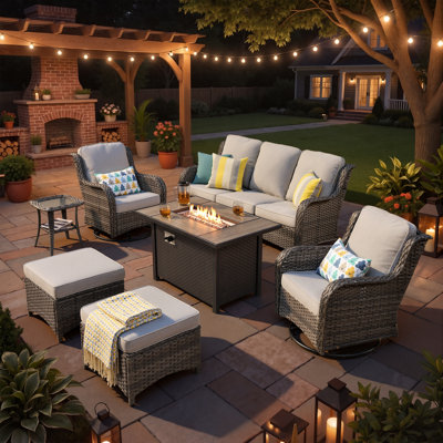 Guillen 5 - Person Wicker/Rattan Fire Pit Seating Group With Swivel Chairs and Cushions
