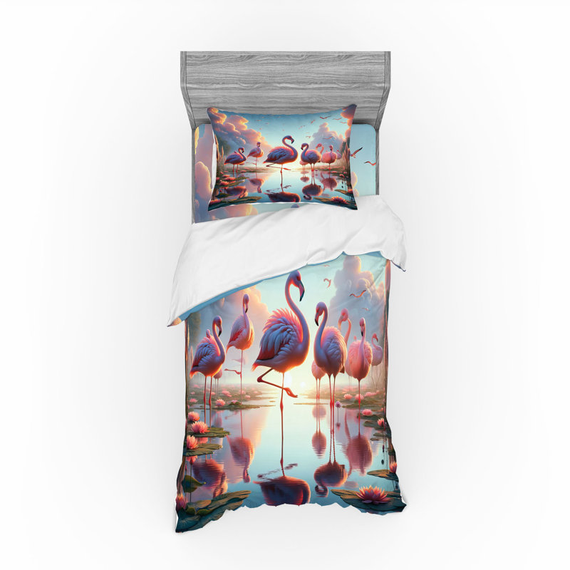 Twin Flamingo Print Pale Pink Soft Blue Duvet Cover Set