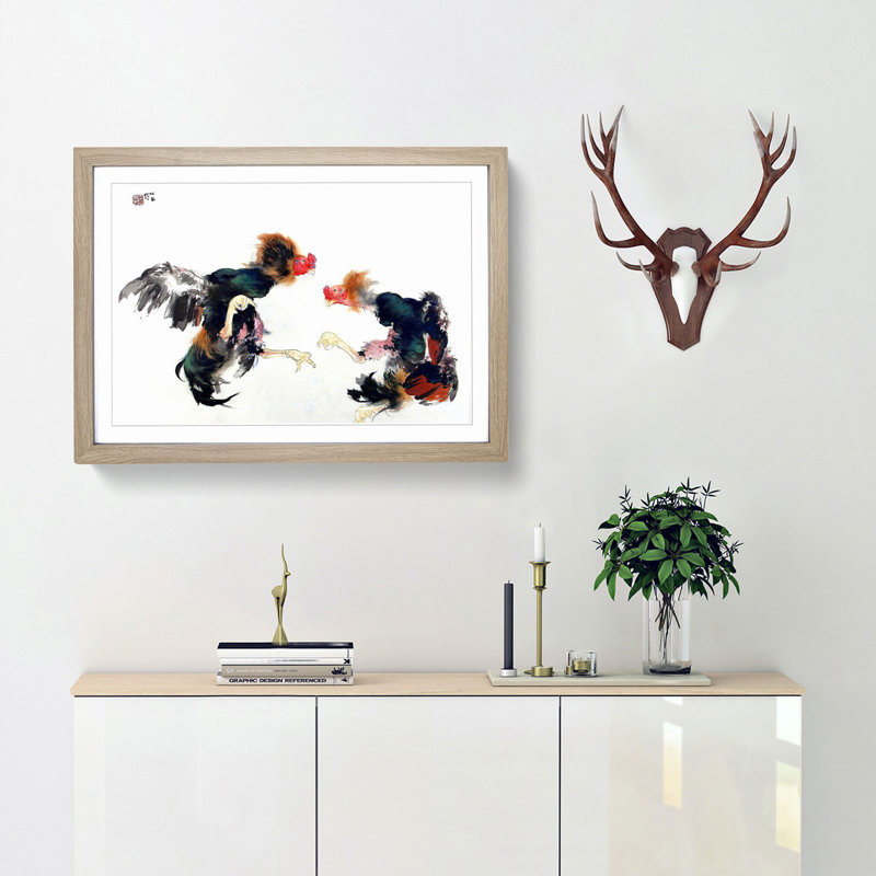 Fighting Cocks by Takeuchi Seiho - Picture Frame Art Print, Oak Framed, 27cm H x 36cm W x 2cm D