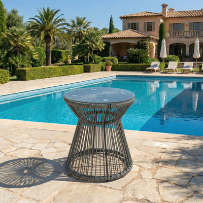 Rattan End Table, Round Hollow Drum Design Side Table, Dark Grey