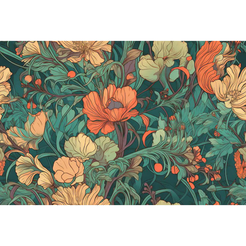 Papier peint floral orange sarcelle, L 118 po x l 236 po