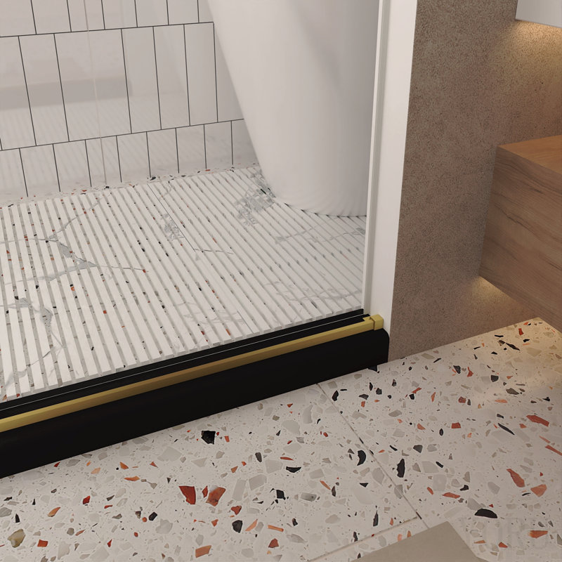 Porte de douche sans cadre l 44 à 48 po x H 76 po, verre trempé transparent de 1/4 po (6 mm), film antidéflagrant, poignée en acier inoxydable, or brossé