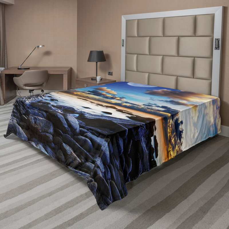Ambesonne Ocean Top Flat Sheet Moon Dark Clouds Blue Orange Black_15008, Full Flat Sheet