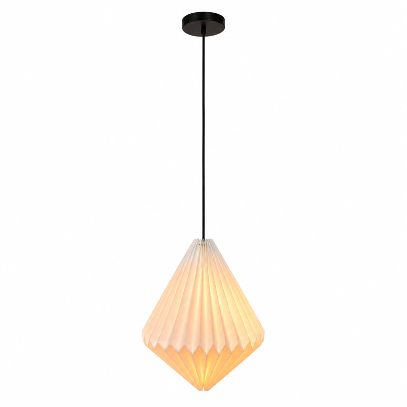 Suspension moderne à une lumière en papier plissé blanc avec abat-jour géométrique